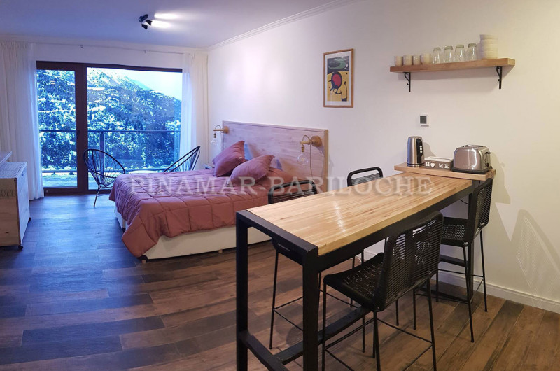 Cómodo departamento monoambiente con mesa alta para 4 personas.